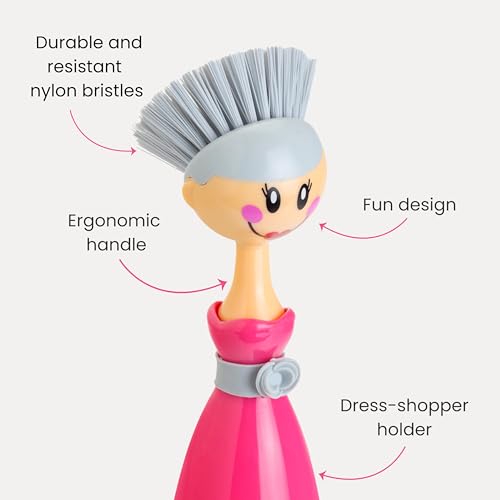 Vigar Dolls Dish Brush with Handle and Holder - Dish Scrubber Brush for Dishes and Pans, Kitchen Scrub Brush, Dishwashing Brush for Kitchen Sink Cleaning, Cute Standing Dish Brush Design - Pink, Gray - color: Pink, Gray