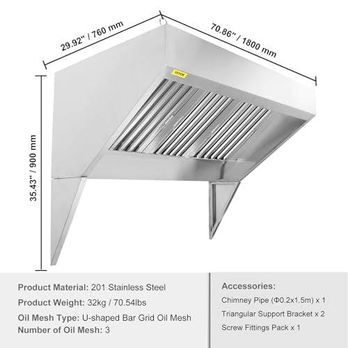 VEVOR Commercial Exhaust Hood, 6FT Food Truck Hood Exhaust, 201 Stainless Steel Concession Trailer Hood with 3 Detachable U-shaped Grid Oil Filter Mesh, Rust Resistant Vent Hood for Kitchen Restaurant | Concession Trailer Hood with 3 Detachable U-Shaped G