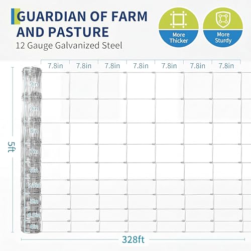 Farm Fence 5FT x 328FT, 12GA Livestock Fence, Galvanized Cattle Fence | Goat FenceHeavy Zinc Coating Wire Fencing, for Goat Deer Yard Livestock Animals Protection - size: 5x328ft