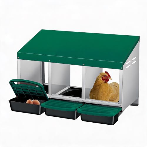 Galvanized Steel Chicken Nesting Box 3 Compartment with Pull Out Tray, Roll Away Nest Boxes for Laying Hens Egg Collection, Wall Mount Poultry Nest Box for Coop with Handle, Green - color: Green, size: 3 Compartments