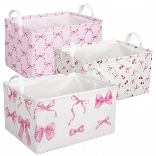 3 Pcs Pink Bow Storage Basket, Coquette Girls Rectangle Storage Bins Box with Handles, Bows and Chery Shelf Basket Ideal for Room Nursery Decor, Books, Organizing Clothes, Toys - color: Bow