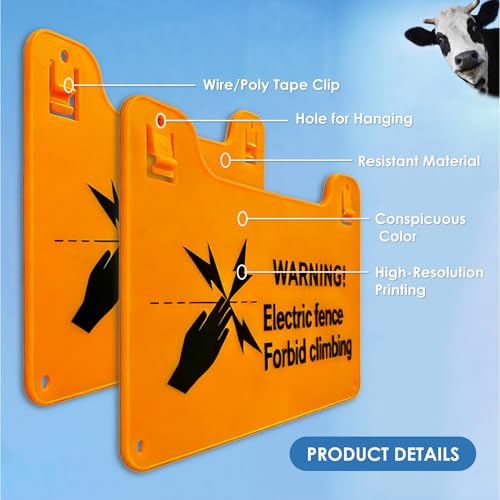 QMARK Electric Fence Warning Signs, Yellow Plastic, 8 x 5 Inch, 10 Pack | Double-Sided, High Voltage Danger Sign, Forbid Climbing Sign, For Farm Ranch Home
