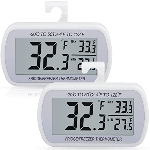 AEVETE 2 Pack Waterproof Digital Refrigerator Thermometer Large LCD, Freezer Room Thermometer with Magnetic Back, No Frills Easy to Read | Fridge freezer room thermometer with magnetic Back, no Frills easy to read