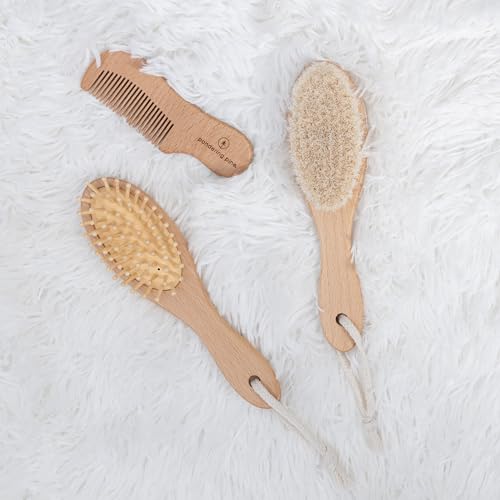 Natural Baby Brush Set - Wooden Brushes and Comb With Boho Travel Bag for Girl or Boy - Soft Goat Hair Brush for Cradle Cap, Bamboo Toddler Brush, Newborn Hairbrush for Scalp Grooming - color: Amber