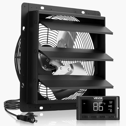 VEVOR 10 inch Exhaust Fan, Wall Mounted Attic Fan with Variable Speed, Temperature & Humidity Controller, 1000 CFM, Automatic Shutter | 1000 CFM Wall Mounted Attic Fan Automatic Shutter, EC Motor & Timer, Ventilation Cooling for Garage, Greenhouse, Shed,