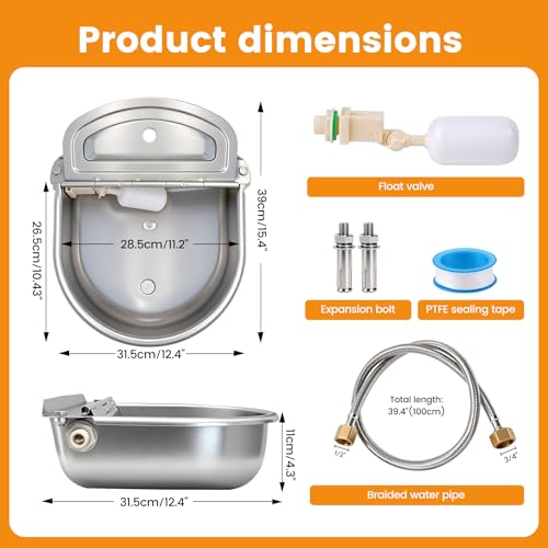 Large Automatic Dog Water Dispenser Outdoor, with Float Valve | Heavy Duty 304 Stainless Steel, Auto Refill Water Bowl, For Dogs Cats Pig Cow Goat Sheep Deer Chicken