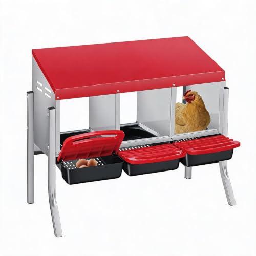 PrecisionAuto Chicken Nesting Box, 3 Compartment with Support Legs Automatic Roll Away Egg Collection, Ventilated Galvanized Steel, Wall Mount or Freestanding Hen Coop Accessory, Red - color: Red