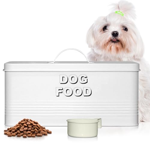 Plexon Metal Dog Food Storage Container with Scoop - Small Dog Food Container 10lbs Holder Treat Jar Bin with Lid - Pet Chow Storage Canister Tin, 2 Gallon, White - color: White, 2 Gall Capacity