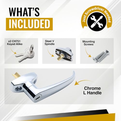 Trash Chute ADA L Handle - Universal Fit for Laundry and Linen Doors with V Spindle for Bottom & Side hinged Doors. Handicap Approved Universal Locking Chrome Knob Hardware Parts