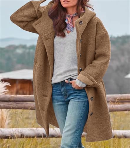 chouyatou Women's Winter Single Breasted Long Wool Coat with Hood Casual Wool Blend Trench Coat Jacket - color: Brown, size: X-Large