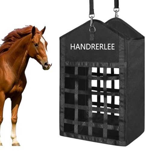 Hay Bags for Horses, 1PCS Slow Feed Hay Bags for Goats, Sheep, Donkey, Two-Sided Premium Oxford Hay Feed Bags and High Strength Metal Clasp, Easy to Hang with Adjustable Strap(Black, Large 1 Pack) - size: 1PCS