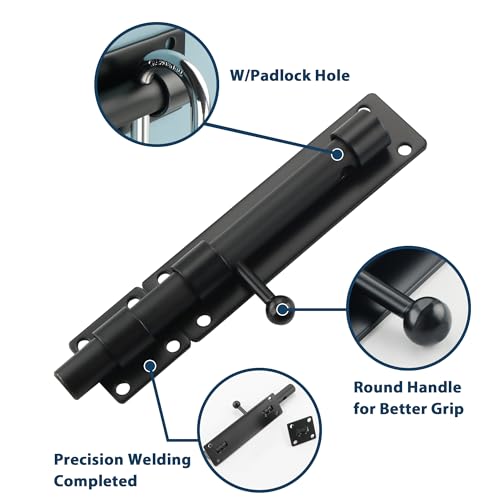 Alise 8inch Barrel Bolt Latch, Slide Bolt Latch, Heavy Duty Solid SUS304 Stainless Steel Slide Lock for Wooden Fence,Barn Door,Interior or Outdoor Door.Matte Black | SUS304 Stainless Steel Padlock-Style Slide Bolt Latch,Security Gate Latch for Wooden Fenc