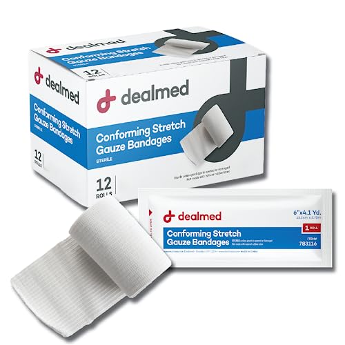 Dealmed Sterile 4 in Stretch Gauze Bandage - Latex Free - 12 Rolls | Polyester Mesh, Individually Wrapped, Self Adhering, Non Adherent, Breathable, Conforming Design, First Aid Burn Care - size: 4 Inch (Box), style: Sterile