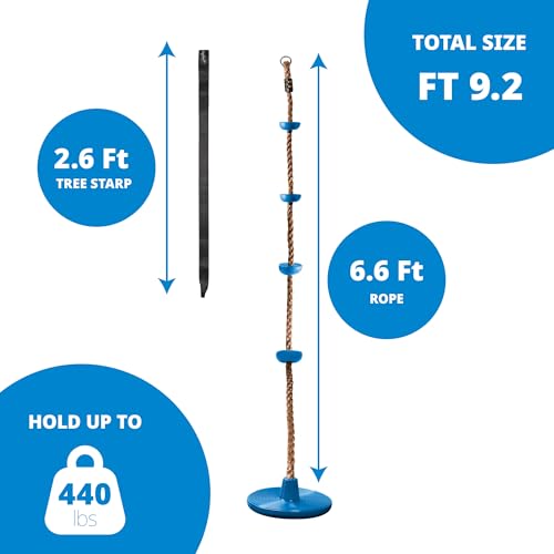 Jungle Gym Kingdom Tree Swing for Kids - Single Disc Seat and Brown Climbing Rope Set w/Carabiner and 4 Foot Strap - Treehouse and Outdoor Playground Accessories - Blue - color: Blue Disc/Brown Rope Swing