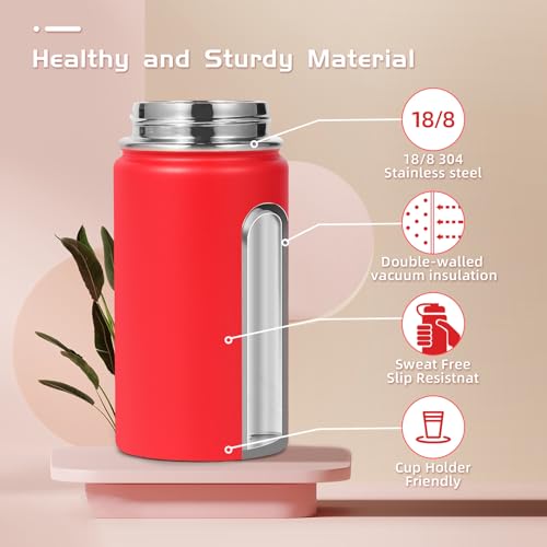 Volhoply 14oz KIds Stainless Steel Insulated Leakproof Water Bottle with Straw Lid and Silicone Boot,BPA-Free Easy Use for Boys&Girls,Double Wall Vacuum Bottles(Red,1) - color: Red