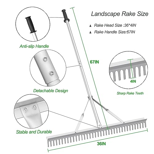 Landscape Rake, 36" Head Aluminum Lake Weed Rake for Lawns Lake Garden Pond | Heavy Duty Rake with 67 Inch Handle, for Loosening Soil, Landscaping Lawn Care, and Beach Care