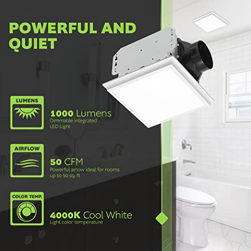 Homewerks 50 CFM 0.7 Sones Bathroom Exhaust Fan with LED, ENERGY STAR | 1000 Lumens, 4000K CCT, 30000-hr Lifespan, Dimmable, No Attic Access, Galvanized Steel Housing, Bathroom Fan with Light