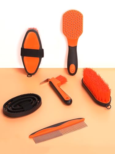 Horse Grooming Kit（13-Piece），Orange Horse Brushes,Storage Bag, Sweat Scraper,Mane Comb,Horse Grooming Gloves, Gifts for Girls (Orange) - color: Orange