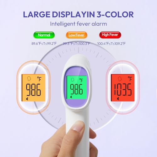 Forehead Thermometer for Adults, Kids & Babies, No-Touch Digital Thermometer with LCD Backlight Display, Fever Alarm and 1s Instant Reading - Purple