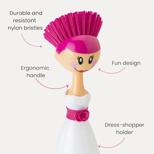 Vigar Dolls April Dish Brush with Ergonomic Handle - White, Pink | Dish Scrubber, Kitchen Scrub Brush, Dishwashing Brush Tool for Kitchen Sink Cleaning, Cute Standing Design - color: White, Pink