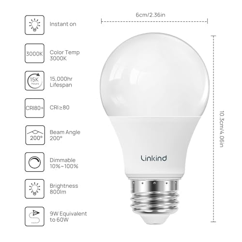 Linkind A19 LED Light Bulbs Dimmable, 60W Equivalent, Energy Efficient 9W, 3000K Warm White, 800 Lumens, E26 Standard Base, 120V, Lighting for Bedroom Living Room Home Office, 6 Packs - color: 3000k Warm White-60w 6pcs