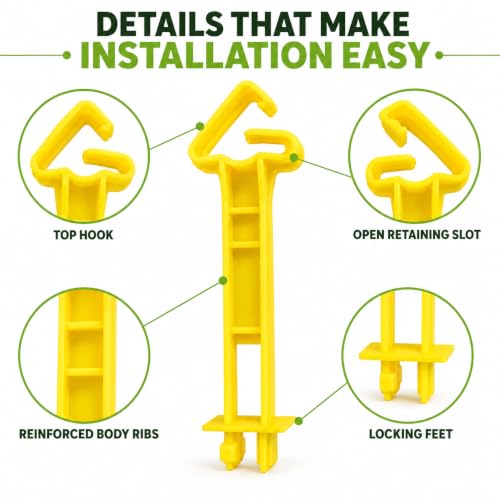 T Post Insulators 100 Pack, 5 inch Yellow Electric Fence Wire Clips | UV-resistant plastic, snap-on fit, holds fence wire away from metal T-posts for farm, ranch, pasture and garden fencing