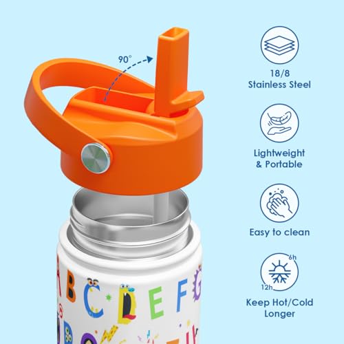 SANDJEST Kid Water Bottle 12oz with Straw Lid - 2-Pack Insulated Stainless Steel Water Bottles for Kids Girls Boys - Travel Cup for Back to School Sports Christmas Birthday (Alphabet & School Bus) - color: Alphabet + Construction