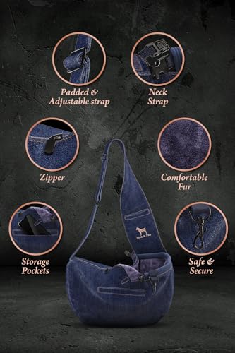 Noah & Paw Dog Sling Carrier for Small Dogs 5-18lb, Dog Sling for Small Dogs and Cats, Dog Carrier with Adjustable Padded Strap, Vegan Denim Lined with Fur, 3X Safety Features, Machine Washable - color: Dark Blue, size: 18.0"L x 10.0"W x 5.5"H