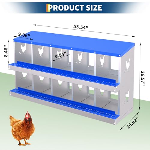 TrailBlaze Durable Galvanized Metal Chicken Nesting Box - 10 Compartments, Roll Away Egg System with Perch & Lid, Rustproof, Ventilated, Easy Install - Blue, 10 Compartments, Without Bracket - color: Blue, size: 10 Holes