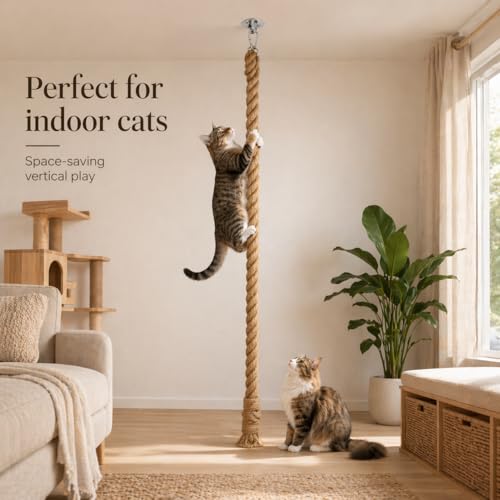 Extra Long 7.9Ft Jute Rope Cat Wall Climber - Heavy Duty Wall Mounted Cat Climbing Pole with Secure Hooks, Indoor/Outdoor Furniture for Active