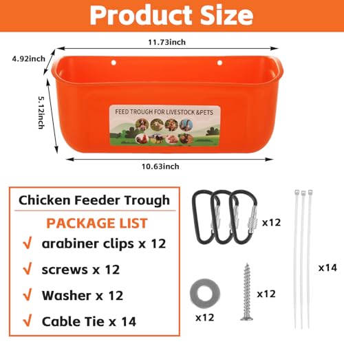 6 Pack Hanging Chicken Feeder Trough, Duck Feeder for Outside with Clips, Water Trough for Duck Goose Goat Pig Deer, Durable Poultry Feeding Water Container, Orange