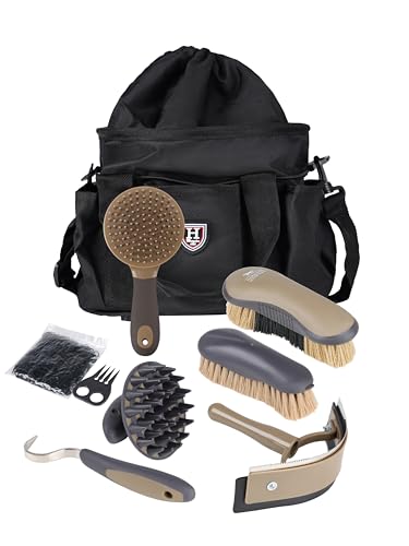 Harrison Howard Horse Grooming Brushes Kit 7 pieces with Organizer Tot Equine Care Series Horse Brush Sets Black - color: Black