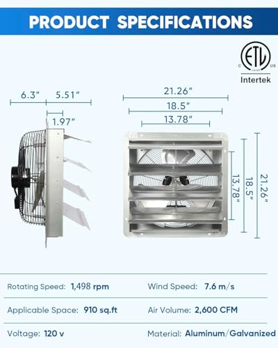 KEN BROWN 18 Inch Exhaust Fan with Power Cord, Automatic Shutter, 2600CFM, Aluminum Cooling Ventilation Fan, High Speed Wall Mounted Attic Fan for Garage, Greenhouse, Shop, Shed - size: 18 Inch