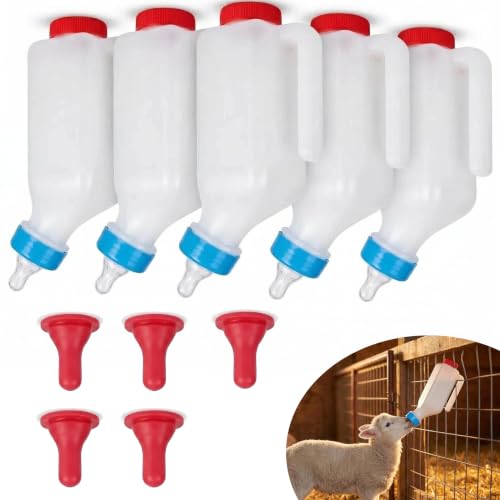 5 Pack 800ml Lamb Feeding Bottles | 5 bottles with 10 soft silicone nipples. 45° leak-proof double-cap design, marked with clear scales.