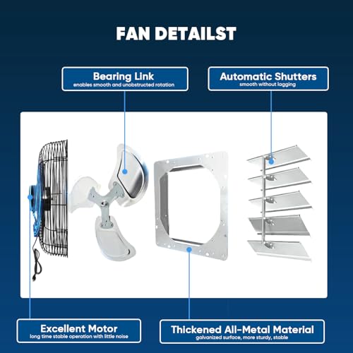KEN BROWN 20 Inch Exhaust Fan with Power Cord, Automatic Shutter, 3500CFM, Aluminum Cooling Ventilation Fan, High Speed Wall Mounted Attic Fan for Garage, Greenhouse, Shop, Shed - size: 20 Inch