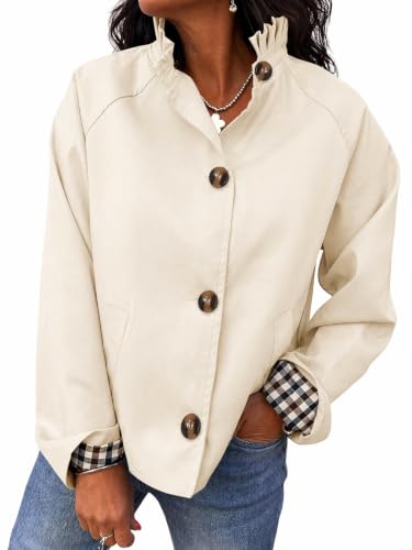 Cicy Bell Womens Ruffle Short Trench Coat Single Breasted Cropped Jackets | Stand Collar, Fall Jackets, Outerwear Coats, Button Down, Plaid Cuffs - color: Apricot, size: XX-Large
