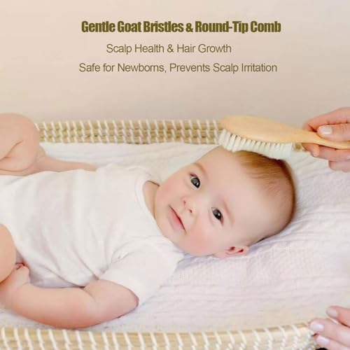 6 Piece Baby Hair Brush & Comb Set, Natural Bamboo & Goat Bristle for Cradle Cap Care, Newborn to Toddler Grooming Kit with Silicone Scrubbers for Scalp Massage
