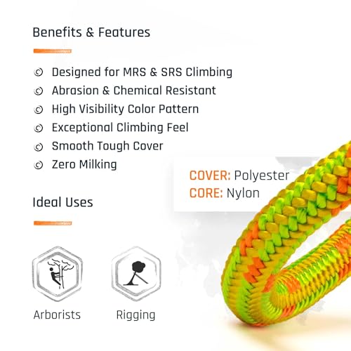 Pelican Rope 24-Strand 11.8 mm Arborist-Pro™ Rope – High Tensile Strength – Lightweight – Made in USA - color: Yellow, size: 150 ft