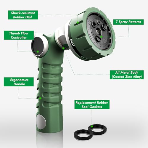 RESTMO Heavy Duty Hose Nozzle, Metal Garden Water Hose Sprayer | 7 Watering Patterns, Thumb Control, On Off Valve, Leak Proof Nozzle Sprayer for Watering Plants, Car & Pet Washing, Green - color: Green