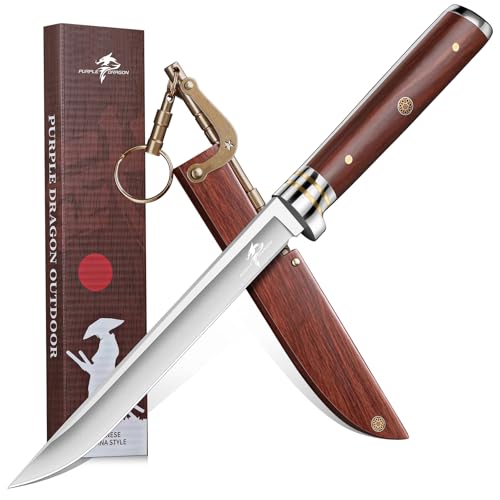 Purple Dragon Japanese Fixed Blade Knife with Wooden Sheath | Full Tang Camping Knife with Rosewood Handle, Built for Survival, Bushcraft & Outdoor Use, Gifts for Men