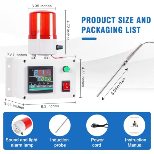 JIAWANSHUN High Precision Industrial Temperature Alarm, -326.2°F-1202°F ±0.18°F, Dual Limit Alarm with Self-Calibration, Audio Visual Alert for Hatchery, Greenhouse, Farm & Fish Pond