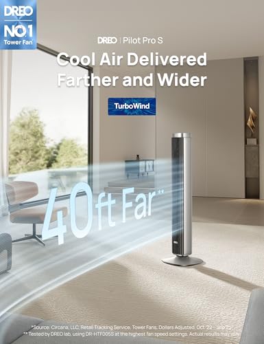 DREO Smart 42'' Tower Fan for Bedroom, 12 Speeds, 20dB Quiet Standing Fan | 40ft Far Airflow, 28 ft/s Cooling Airflow, 12 Speeds, 4 Modes, 90° Oscillating Fans for Indoors, 12H Timer, DC Motor