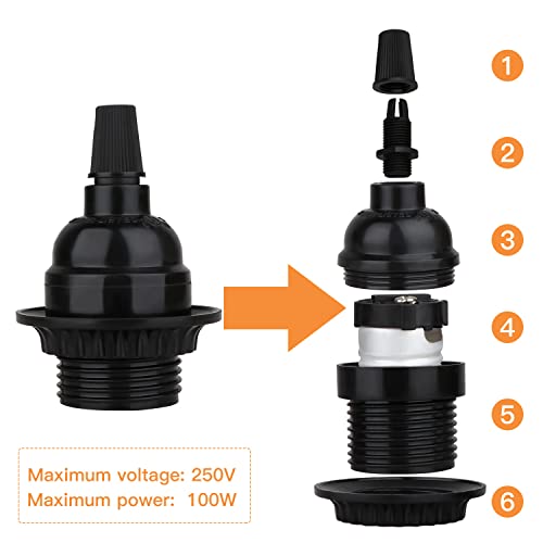 8 Pack E26 E27 Light Sockets, Black Threaded Keyless Lamp Socket | Medium Screw Base Lamp socket Replacement with Shade Ring, Retro Style E26 DIY Light Bulb Sockets Cover Pendant Lamps Holder