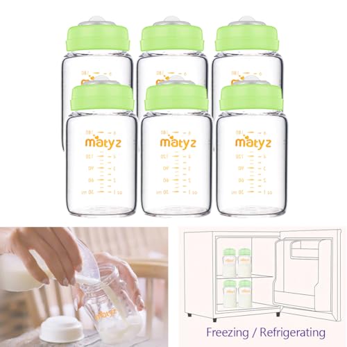Matyz Glass Breastmilk Storage Bottles, 6 Pack, 6 oz, Compatible with Spectra Medela Breast Pump - Store, Freeze, Warm Up Milk Well - Wide Mouth Breastmilk Storage Containers - No BPA (Green Lids) - color: [Pack of 6] Green Lid - 6 Ounce Clear Borosilicat
