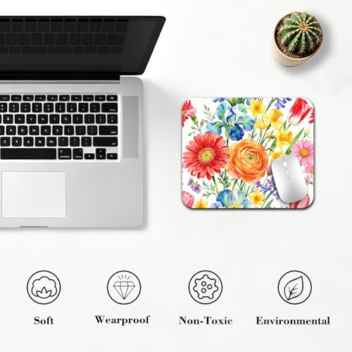 Vibrant Watercolor Flower Garden Mouse Pad 9.5" x 7.9", Colorful Floral Cute Desk Mat, Spring Botanical Art - color: Flower Garden