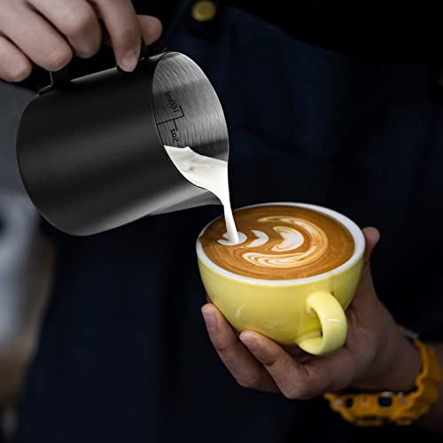 HULISEN Milk Frothing Pitcher, 6.8oz/200ml Stainless Steel Frother Cup | Small Steaming Pitcher for Espresso Machine, Latte Art Pour Cup, Measurement Markings, Dishwasher Safe, Black - size: 6.8 Ounces