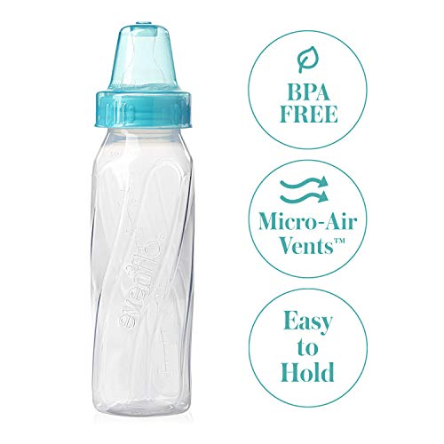 Evenflo Feeding Classic Clear Plastic Standard Neck Bottles for Baby, Infant and Newborn - Teal/Green/Blue, 8 Ounce (Pack of 12) - color: Teal / Green / Blue
