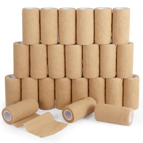 Elastic Self Adhesive Bandage Wrap 4 Inch, Breathable Non Woven Cohesive Bandage, Vet Wrap for Dogs, Ankle Sprains Swelling, Sports Athletic Tape (24 Count Brown) - color: 4 Inch-24 Count Brown