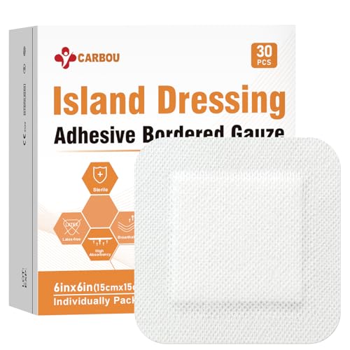 Carbou Island Dressing 6"x6" 30ct Sterile Bordered Gauze Pads Wound Care | Sterile Individually Wrapped packs,Highly Absorbent Adhesive Dressing Pad,Bordered Gauze With Adhesive Border,Island Bandages - size: 6‘’x6''