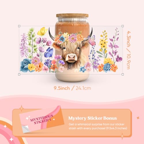 Kaciola 10 Sheets UV DTF Cup Wraps for 16 oz- Highland Cow Theme UV DTF Stickers, 1 Sheet Mysterious Pattern Transfer, Rub on Transfers Stickers for 16 oz Libbey Glasses Crafting - style: Highland Cow